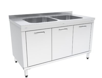 İki Evyeli Dolaplı Çalışma Tezgahı Sırtlı Ara Rafsız Çarpma Kapılı 1200x600x850 mm
