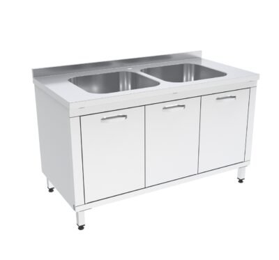 İki Evyeli Dolaplı Çalışma Tezgahı Sırtlı Ara Rafsız Çarpma Kapılı 1200x700x850 mm