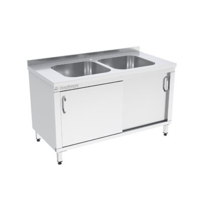 İki Evyeli Dolaplı Çalışma Tezgahı Sırtlı Ara Rafsız Sürgü Kapılı 1400x600x850 mm