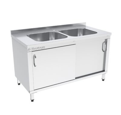 İki Evyeli Dolaplı Çalışma Tezgahı Sırtlı Ara Rafsız Sürgü Kapılı 1400x700x850 mm