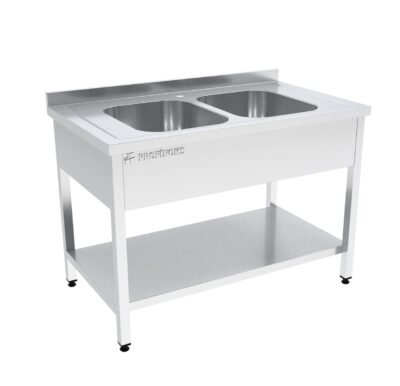 İki Evyeli Çalışma Tezgahı Sırtlı Taban Raflı 1400x700x850 mm