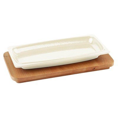 Lava Döküm   Servis Tabağı ve ahşap altlık. Krem renk. Ölçü 30x15cm.