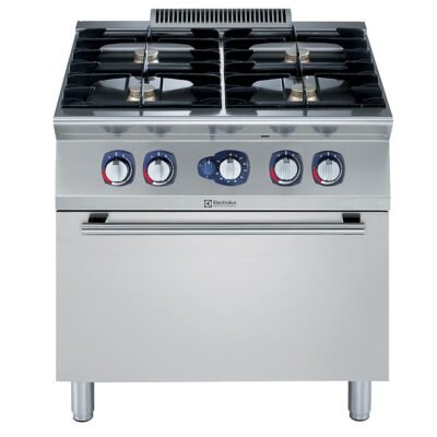 Electrolux Professional, Endüstriyel 4 açık ateşli gazlı kuzine, her brulör 5,5 kW, gazlı fırın (6 kW), derinlik 730 mm – 800 mm – Ölçüler: GxDxY 800x730x850 mm, 371002