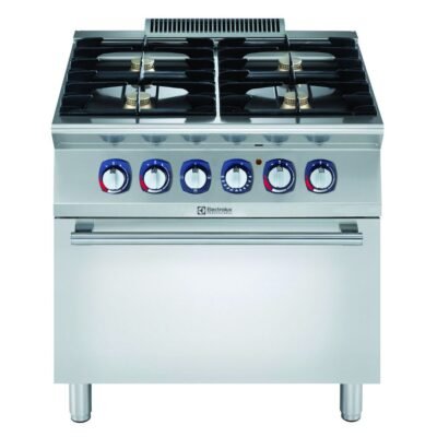 Electrolux Professional, Endüstriyel 4 açık ateşli gazlı kuzine, her brulör 5,5 kW, elektrikli fırın, derinlik 730 mm – 800 mm – Ölçüler: GxDxY 800x730x850 mm, 371003