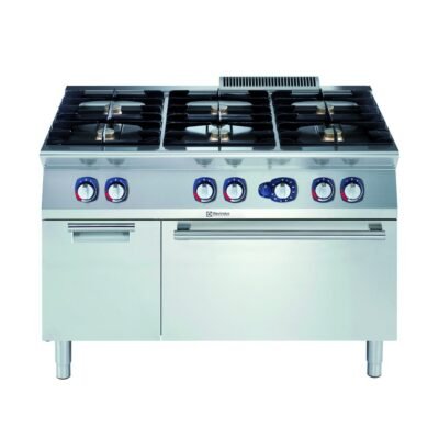 Electrolux Professional, Endüstriyel 6 açık ateşli gazlı kuzine, her brulör 5,5 kW, altı gazlı fırın (6 kW) derinlik 730 mm) ve dolaplı, derinlik 730 mm – 1200 mm – Ölçüler: GxDxY 1200x730x850 mm, 371005