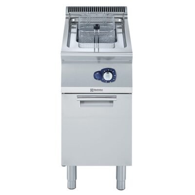 Endüstriyel 15 Lt gazlı fritöz, 1 V-tip hazneli, brulörler hazne dışında, 1 sepetli, derinlik 730 mm, alt dolaplı – 400 mm – Ölçüler: GxDxY 400x730x850 mm