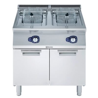 Endüstriyel 2X15 Lt gazlı fritöz, 2 V-tip hazneli, brulörler hazne dışında, 2 sepetli, derinlik 730 mm, alt dolaplı – 800 mm – Ölçüler: GxDxY 800x730x850 mm