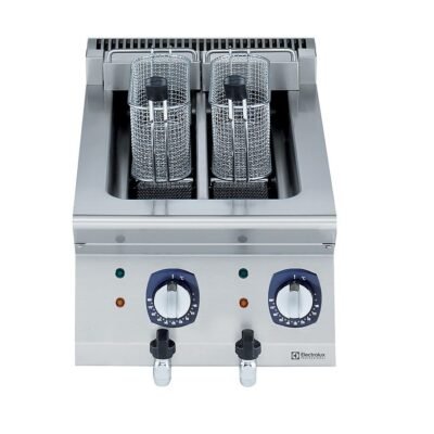 Endüstriyel 2X5 Lt elektrikli set üstü fritöz, 2 hazneli, ısıtıcılar hazne içinde, 2 sepetli, derinlik 730 mm – 400 mm – Ölçüler: GxDxY 400x730x250 mm