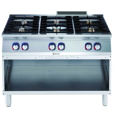 Electrolux Professional, Endüstriyel 6 açık ateşli gazlı ocak, açık alt dolaplı, her brulör 5,5 Kw – 1200 mm – Ölçüler: GxDxY 1200x730x850 mm, 371179