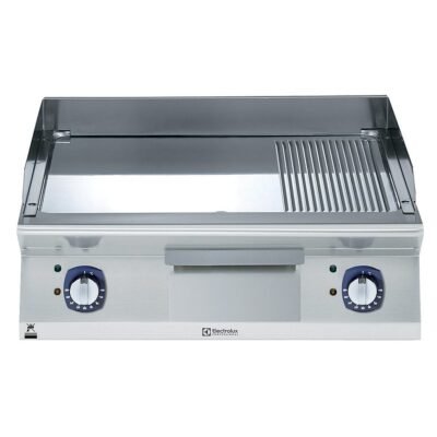 Endüstriyel Elektrikli set üstü ızgara, ⅔ düz + ⅓ nervürlü krom pleytli, eğimli tablalı, termostatik kontrol, demonte sırtlık ve spatula, derinlik 730 mm – 800 mm – Ölçüler: GxDxY 800x730x250 mm