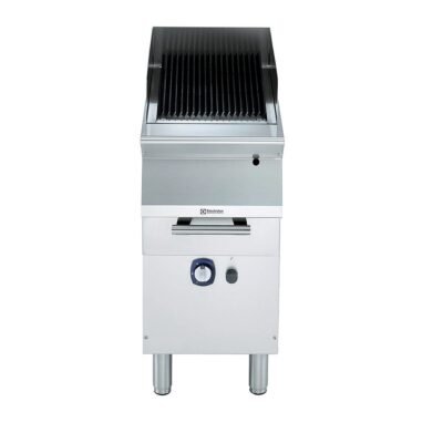 Endüstriyel Gazlı barbekü-gril, paslanmaz brulörlü, çift taraflı döküm ızgaralı (et için yivli, balık-sebze için düz), alt dolaplı, derinlik 730 mm – 400 mm – Ölçüler: GxDxY 400x730x850 mm