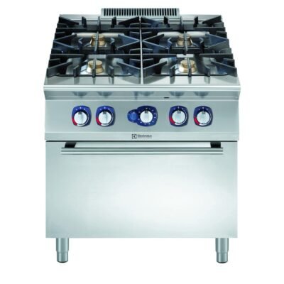 Electrolux Professional, 4 açık ateşli gazlı kuzine, her brulör 6 kW, gazlı fırınlı (8,5 kW) – 800 mm – Ölçüler: GxDxY 800x930x850 mm, 391004