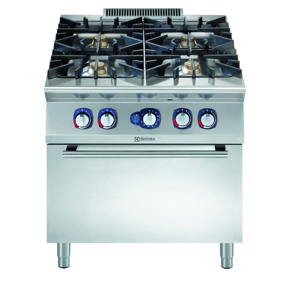 Electrolux Professional, 4 açık ateşli gazlı kuzine, her brulör 6 kW, gazlı fırınlı (8,5 kW) - 800 mm - Ölçüler: GxDxY 800x930x850 mm, 391004