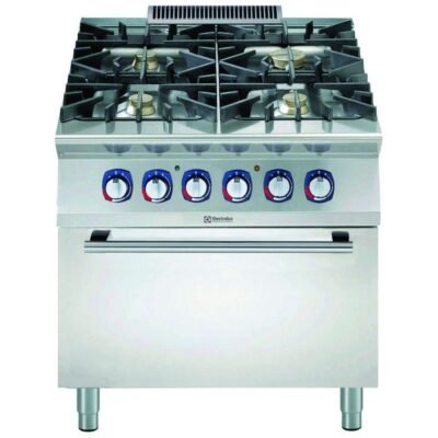 4 açık ateşli gazlı kuzine, brulörler: 1×10 + 3×6 kW, elektrikli fırınlı (6 kW) – 800 mm – Ölçüler: GxDxY 800x930x850 mm