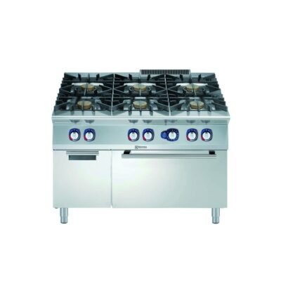 6 açık ateşli gazlı kuzine, her brulör 10 kW, gazlı fırınlı (8,5 kW), dolaplı – 1200 mm – Ölçüler: GxDxY 1200x930x850 mm