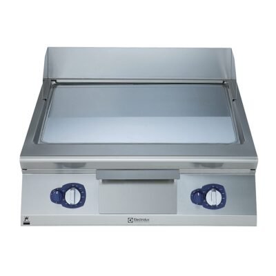 Gazlı set üstü ızgara (20kW), düz krom pleytli, eğimli tablalı, termostatik kontrol, demonte sırtlık ve spatula – 800 mm – Ölçüler: GxDxY 800x930x250 mm