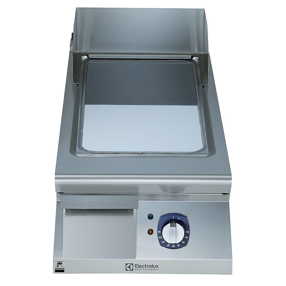 Elektrikli set üstü ızgara, düz krom pleytli, eğimli tablalı, termostatik kontrol, demonte sırtlık ve spatula - 400 mm - Ölçüler: GxDxY 400x930x250 mm