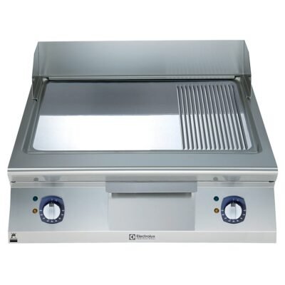 Elektrikli set üstü ızgara, ⅔ düz + ⅓ nervürlü krom pleytli, eğimli tablalı, termostatik kontrol, demonte sırtlık ve spatula – 800 mm – Ölçüler: GxDxY 800x930x250 mm