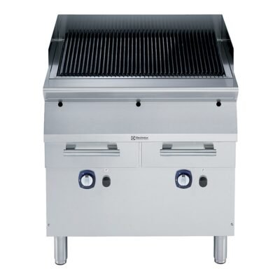 Gazlı barbekü-grill, çift taraflı döküm ızgaralı (et için yivli, balık-sebze için düz), alt standlı – 800 mm – Ölçüler: GxDxY 800x930x850 mm