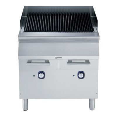 Elektrikli barbekü-grill, çift taraflı döküm ızgaralı (et için yivli, balık-sebze için düz), alt standlı – 800 mm – Ölçüler: GxDxY 800x930x850 mm