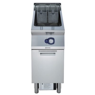 23 Lt gazlı fritöz, 1 V-tip hazneli, brulörler hazne dışında, 2x½ sepetli – Ölçüler: GxDxY 400x930x850 mm